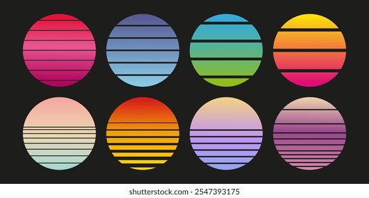 Beautiful color retro sunset art collection. Set of round striped shapes. Circle sunrise vintage symbol for shirts or summer flyers