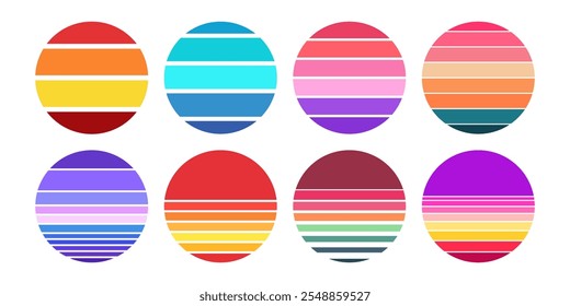 Beautiful color retro sunset art collection. Set of round striped shapes. Circle sunrise vintage symbol for shirts or summer flyers