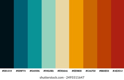 Beautiful Color Scheme has Nine colors, a color swatch, catalog samples, and a trendy multi-color palette. Vector illustration