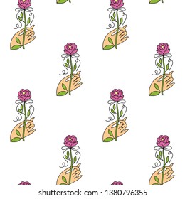 Beautiful color seamless pattern with hands and flowers with tapes
