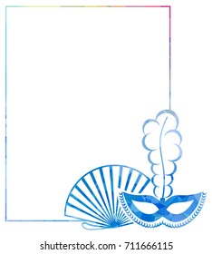 Beautiful color silhouette horizontal frame with carnival masks. Low poly textured. Copy space. Vector clip art.
