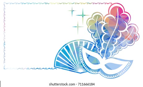 Beautiful color silhouette horizontal frame with carnival masks. Low poly textured. Copy space. Vector clip art.