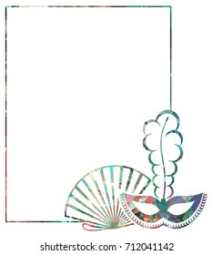 Beautiful color silhouette horizontal frame with carnival masks. Low poly textured. Copy space. Vector clip art.
