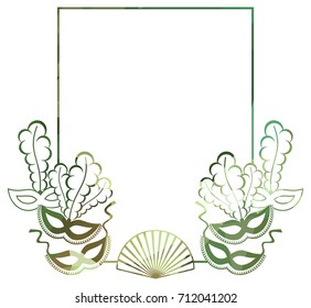 Beautiful color silhouette horizontal frame with carnival masks. Low poly textured. Copy space. Vector clip art.

