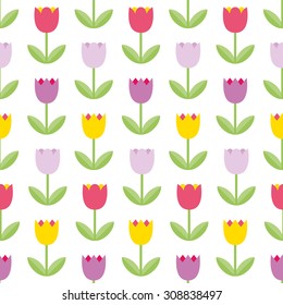 Beautiful color tulips on the white background. Vector seamless pattern. Colorful flower pattern. Cute flower background good use for mother's day, 8 march, spring cards, summer illustrations. 