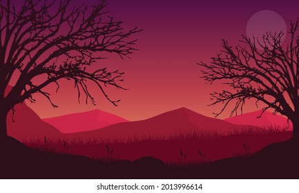 The beautiful color of the twilight sky with fantastic Mountain View and dry tree silhouettes from the village. Vector illustration of a city