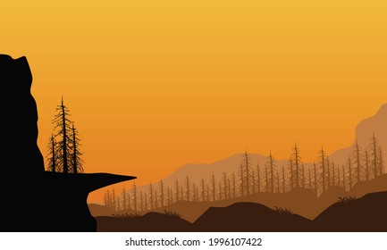 The beautiful color of the twilight sky with a magnificent view of the mountains from the edge of the city. Vector illustration of a city