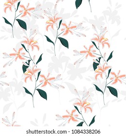 Beautiful color and white seamless pattern with lilies. Hand-drawn contour lines. design greeting card and invitation of the wedding, birthday, Valentine's Day, mother's day, other holiday