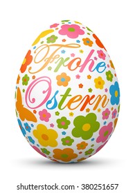 Beautiful Colored 3D Vector - Happy Easter - Egg with Spring Pattern. Mapped Holiday Season Symbols. Decorated White Egg Stands Vertically on Background - Decor for Greeting Cards. In German Language.