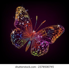 Beautiful colored abstract butterflies on a black background. hand drawing. Not AI, Illustrat3. Vector illustration