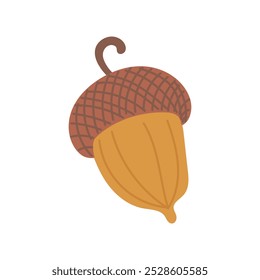 Beautiful colored acorn from oak tree isolated on white background. Hand drawn vector flat colored illustration. Autumn falling leaves, foliage, icon, symbol, sticker design