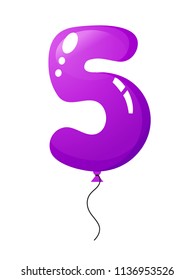 Beautiful colored balloon with number. Decoration for happy children's holiday, anniversary, carnival. Birthday fun kids party celebration. Balloon in form number five. Vector illustration.