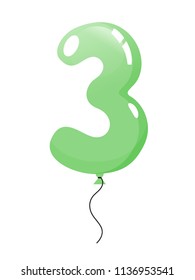 Beautiful colored balloon with number. Decoration for happy children's holiday, anniversary, carnival. Birthday fun kids party celebration. Balloon in form number three. Vector illustration.