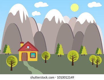 Beautiful colored cartoon mountain landscape illustration