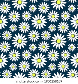 Beautiful colored chamomile flowers isolated on blue background. Cute floral seamless pattern. Vector flat graphic illustration. Texture.