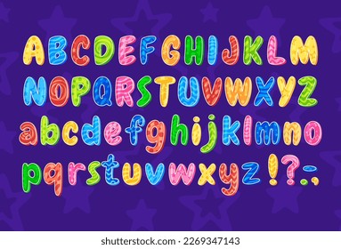 Beautiful colored cheerful children font. Chubby brightly colored letters. Vector illustration