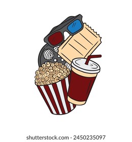 Beautiful colored cinema club invitation with popcorn, soda drink, 3d glasses, ticket and film strip roll in red, blue and yellow isolated on white background. Hand drawn vector sketch illustration.