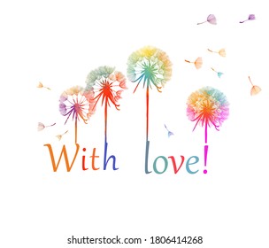 Hermosos dientes de león de colores. Con amor. Ilustración del vector