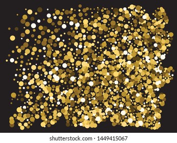 Beautiful colored falling circles. Geometric element of your design. Vector illustration poster. Gold colored round confetti festive happy chaotic decor.