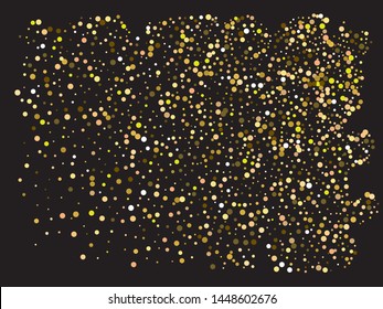 Beautiful colored falling circles. Vector illustration flyer. New element of your design. Gold colored round confetti festive happy chaotic decor.