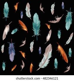 beautiful colored feathers set on black background. hand drawn vector illustration. boho theme elements