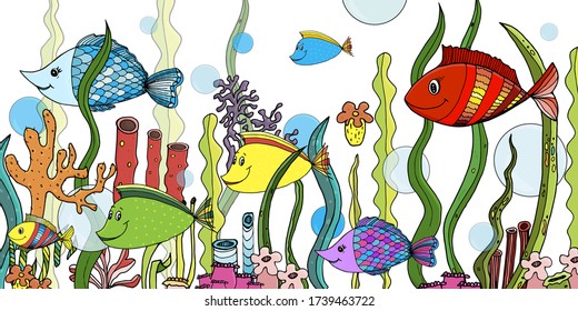 Beautiful colored fish in the water. Algae and gnats. Under water. Illustration for children, cards.