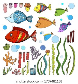 Beautiful colored fish in the water. Algae and gnats. Under water. Illustration for children. A series of pictures with the aquatic world. Isolated vector elements