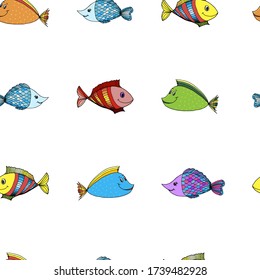 Beautiful colored fish in the water. Algae and gnats. Under water. Illustration for children. A series of pictures with the aquatic world. 