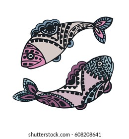 Beautiful colored fishfish hand-drawn with ornament. Yin yang version of the logo