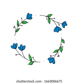 Beautiful colored floral wreath. Elegant vintage border with spring flowers and green leaves in doodle/hand drawn style isolated on white background - isolated vector illustration
