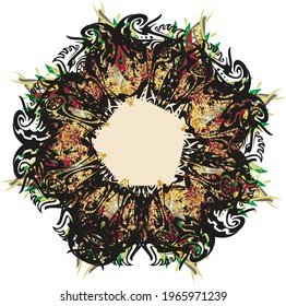 Bonito marco de color o flor como una estrella en blanco. Corona esparcida abstracta con motivos florales para impresiones, fiestas y eventos, tarjetas, textiles, papel tapiz, tatuajes, fondos y texturas