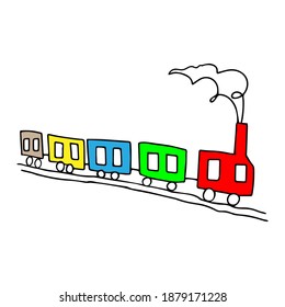 Schöne, farbige, schwarze Vektorgrafik von Spielzeugzug mit vier Wagen einzeln auf weißem Hintergrund für das Farbbuch für Kinder