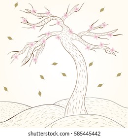 A beautiful colored illustration of a tree with nice pink flowers and falling leaves around it