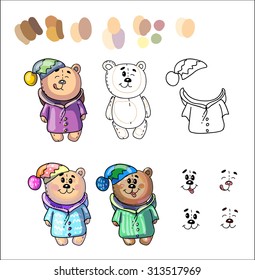 Beautiful colored illustration. You can paint it yourself and make different combination of teddy bear. Easy to change clothes! Cheerful wardrobe. Vector. Separate layers. Easy to edit. 