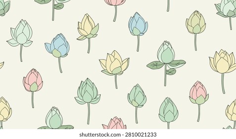 Beautiful colored lotus buds in blue, yellow, and pink colors seamless pattern on a warm beige background, ideal for calming wallpapers.
