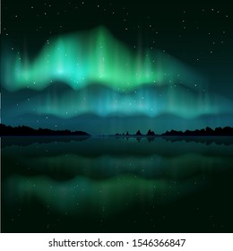 Beautiful colored northern lights, realistic aurora borealis, vector illustration. Night sky and amazing polar lights for poster, banner etc.