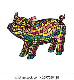 Beautiful colored pig isolated on white background, stylized of Mosaic.