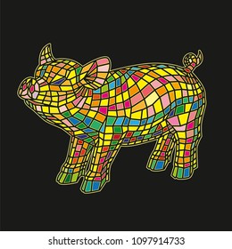 Beautiful colored pig isolated on black background, stylized of Mosaic.
