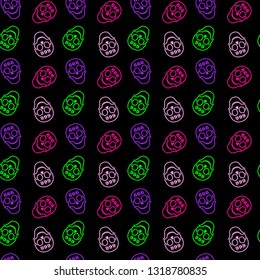 Beautiful colored skulls on a black background, seamless pattern, vector