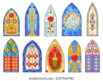 Beautiful colored stained glass windows. Temple mosaic glass windows, room lighting. Vector illustration