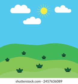 A Beautiful colored vector illustration of summer landscape green and blue with white clouds and sun