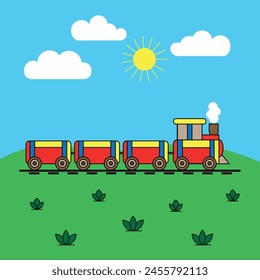 Beautiful colored vector illustration of toy train with three wagons on a summer day background for cover coloring book for children