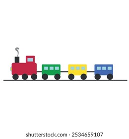 Una Ilustración vectorial coloreada hermosa del tren rojo del juguete con los vagones amarillos verdes azules aislados en un fondo blanco