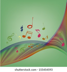a beautiful colored wave with colored notes of music in a green background