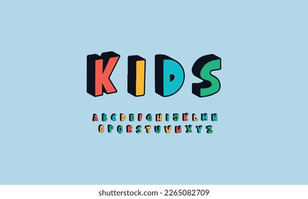 Hermosas fuentes con el logo 3D para niños, fuentes de tipografía creativa para libros para niños, materiales educativos y proyectos divertidos" Cartas, coloridas plantillas vectoriales de diseño de alfabetos 3D para niños. 