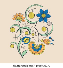 Beautiful colorful abstract flower. Hand drawn plant branches. Greenery design elements