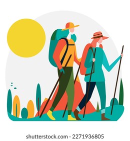 Beautiful and colorful abstract illustration of hikers walking along a forest trail. Healthy outdoor activity and exercise improves physical and mental health