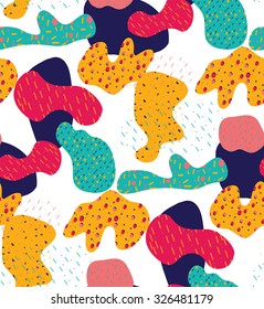 Beautiful colorful abstract seamless pattern on a white background. Multicolored spots. Flowing lines. Geometric Ornament. Modern pattern for textile, background, t-shirt, notebook, sketchbook.
