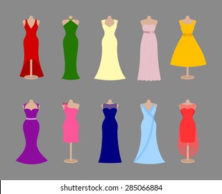 Beautiful colorful adult female dress collection. Set of different style elegant women evening dresses and summer sundresses. Silhouette design, vector art image illustration, isolated on background