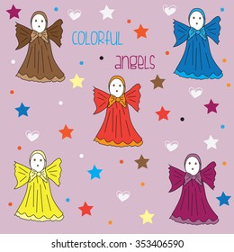 beautiful colorful angels with stars and hearts and dots vector illustration